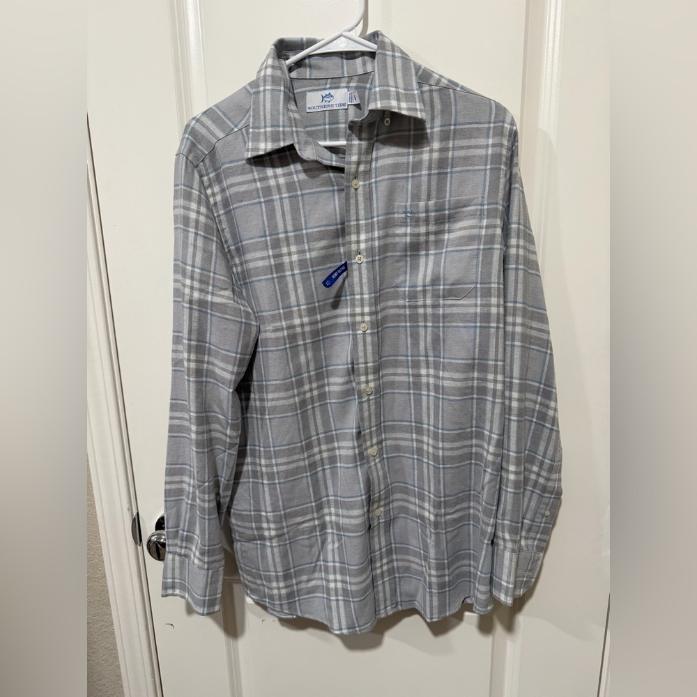 SOUTHERN TIDE Hemp Blend Heather Platinum Gray Plaid Shirt Small Long Sleeve New